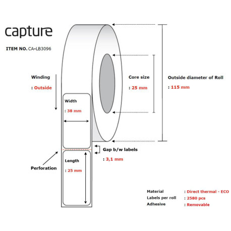 Capture Label 38x25, Core 25, Reference: CA-LB3096
